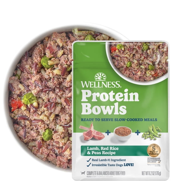 Wellness Protein Bowls, Adult Fresh Alternative Dog Food, Wholesome Grains, 6.2 Ounce Pouch, 6 Pack, (Lamb, Red Rice & Peas Recipe)