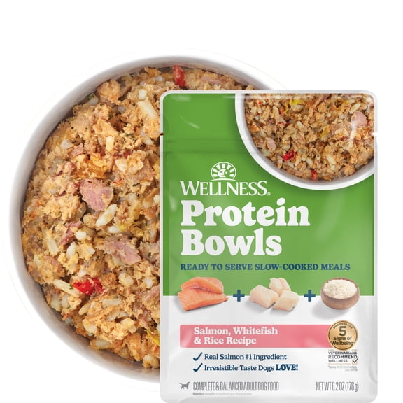 Wellness Protein Bowls, Adult Fresh Alternative Dog Food, Wholesome Grains, 6.2 Ounce Pouch, 6 Pack, (Salmon, Whitefish & Rice Recipe)