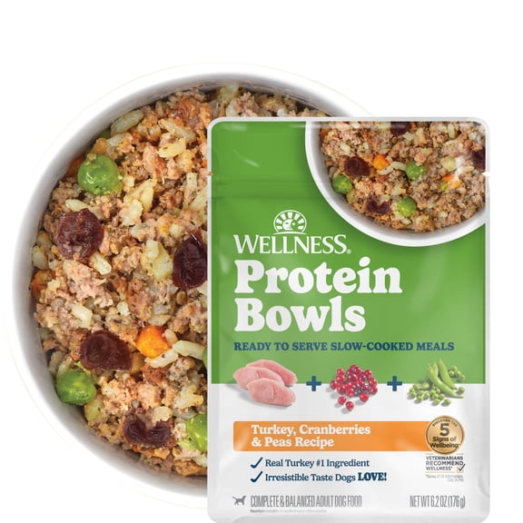 Wellness Protein Bowls, Adult Fresh Alternative Dog Food, Wholesome Grains, 6.2 Ounce Pouch, 6 Pack, (Turkey, Cranberries & Peas Recipe)