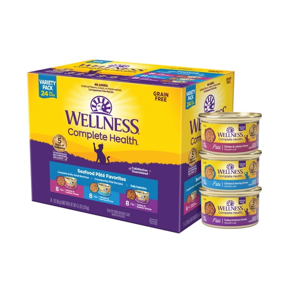 Wellness Complete Health Pate Adult Wet Cat Food, Natural, Protein-Rich, Grain Free, 3 Ounce , 24 Pack, (Seafood Favorites Variety Pack)