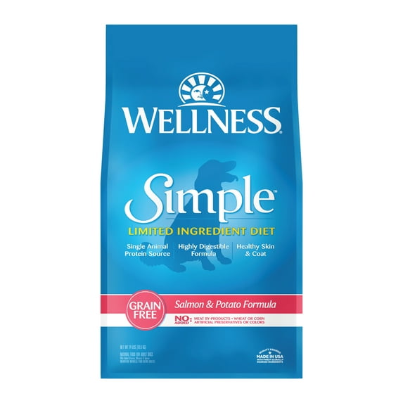 Wellness Simple Limited Ingredient Dry Dog Food for Sensitive Stomachs, Supports Skin & Coat, Grain Free, Natural, Salmon & Potato Recipe, (24-Pound Bag)