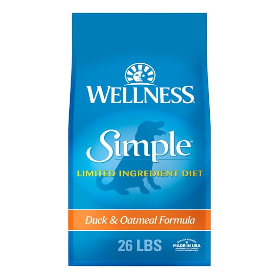 Wellness Simple Limited Ingredient Dry Dog Food for Sensitive Stomachs, Supports Skin & Coat, Wholesome Grains, Natural, Duck &Oatmeal Recipe, (26-Pound Bag)