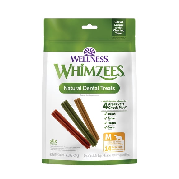 Wellness WHIMZEES Stix Natural Dog Dental Treat, Chews, Freshens Breath, Medium Size Sticks, 14.81 oz Bag, 14 Count