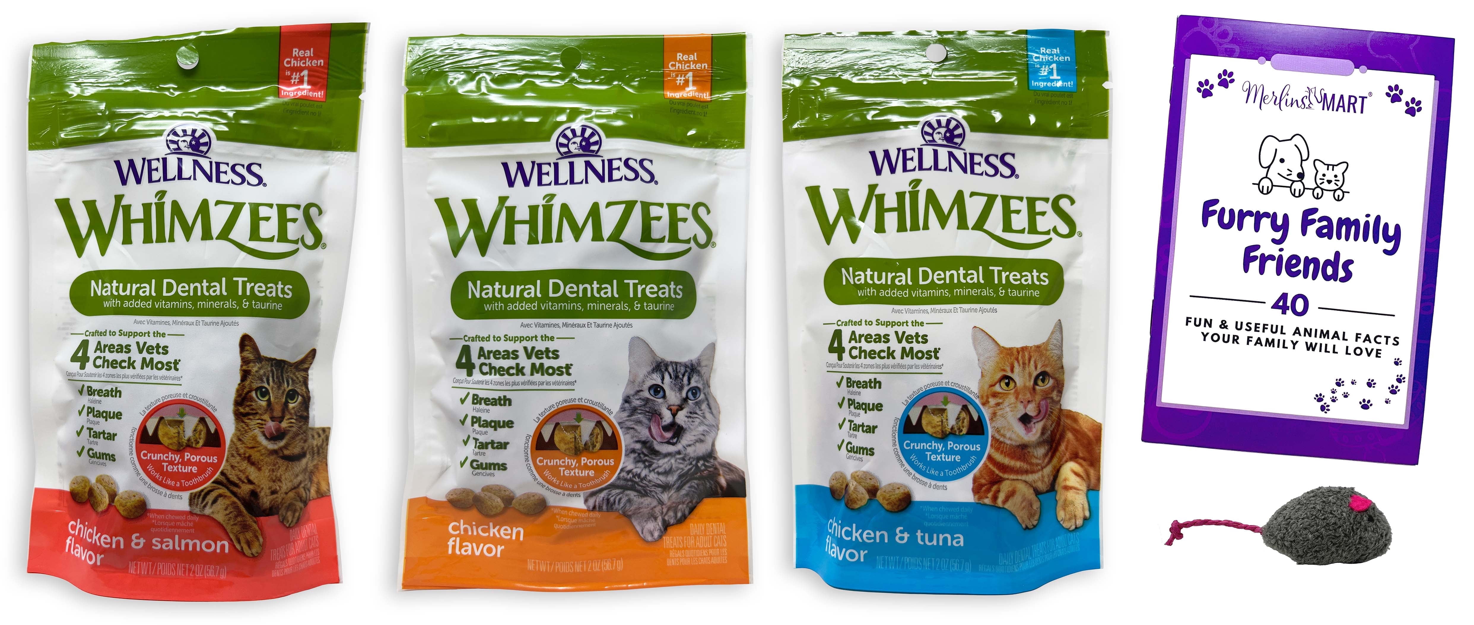 Wellness Whimzees Natural Dental Treats Variety - 3 flavors - 1 each: Chicken, Chicken & Tuna, Chicken & Salmon (2 oz) + MerlinsMart Zine | Catnip Toy