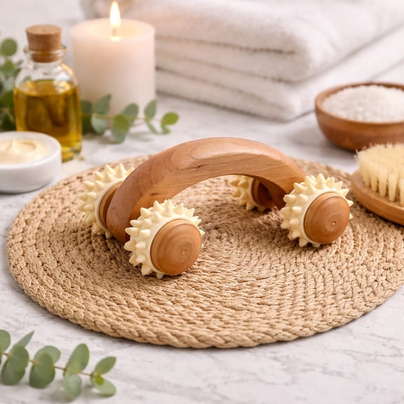 Natural Wooden Handheld Massage Roller - Four Spiked Rollers