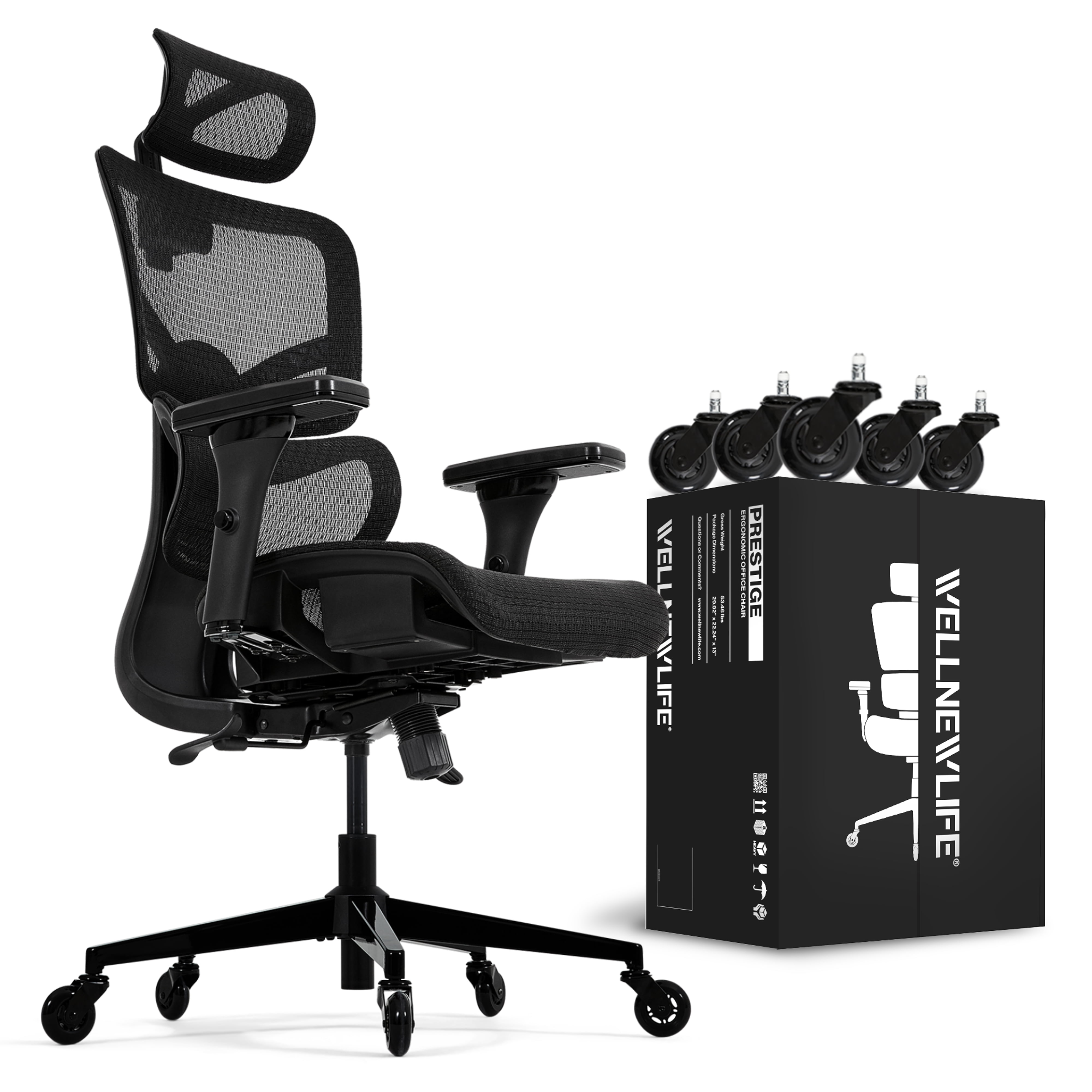 Wellnewlife Prestige Ergonomic Office Chair - Height Adjustable Backrest Lumbar Support, Seat Depth Adjust, 3D Headrest, 4D Armrests, Blade Wheels, Mesh Computer Gaming Executive Swivel Black