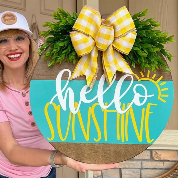Wello Sunshine Round Wooden Welcome Sign with Floral Wreath, Front Door Hanging Decor for Porch and Entryway, Farmhouse Home Decor Plaque