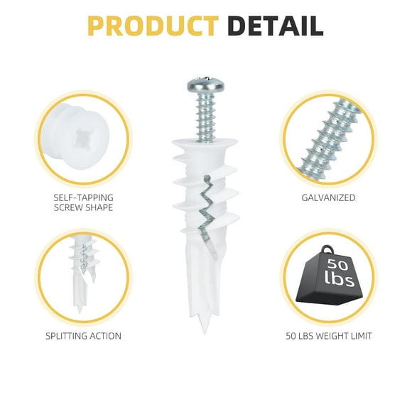Wellocks Drywall Screws 200 PCS #81-1/4" with PH2 Bit Self Drilling Plastic Anchors White Head No Pre Drill Hole Required for DIY Hanging(BH1100W)