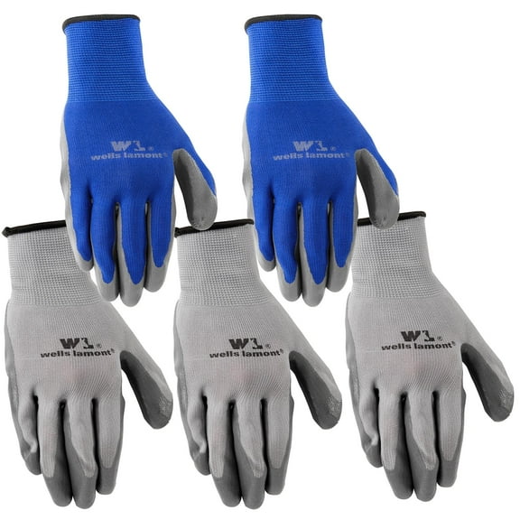 Wells Lamont 5-Pair Pack Nitrile Work Gloves | Lightweight, Abrasion Resistant | Blue/Grey, Large