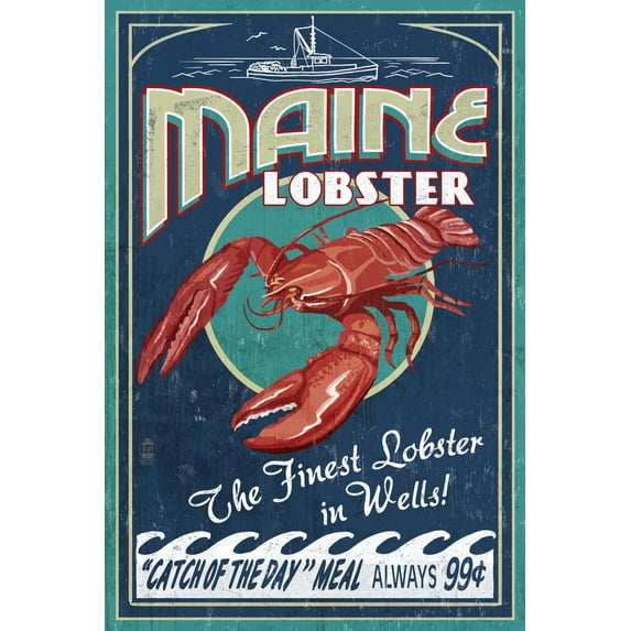 Wells, Maine, Lobster Boat, Vintage Sign (24x36 Giclee Gallery Art Print, Vivid Textured Wall Decor)