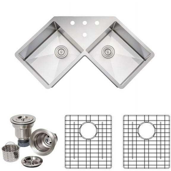 Wells Sinkware NCU3333-1010-BF-1 46 in. Handcrafted 16 Gauge Undermount Butterfly Equal Double Bowl Stainless Steel Corner Kitchen Sink with Grid Racks & Basket Strainers