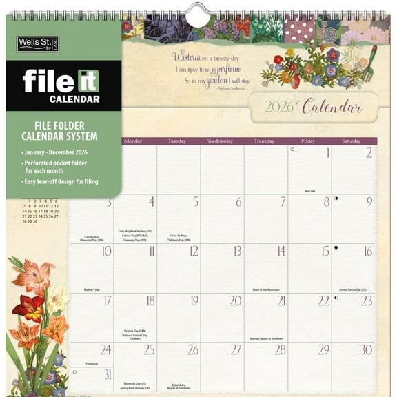 Wells Street by Lang, Botanical Gardens File It 2026 Wall Calendar, 12'' X 12.13'', 12-Month Calendar with Stapled Binding