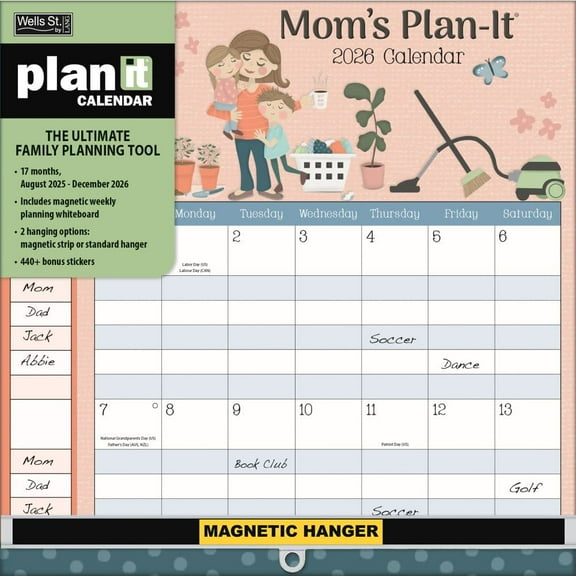Wells Street by Lang, Moms Plan It 2026 Wall Calendar, 12'' X 12'', 17-Month Calendar with Wire-O Binding