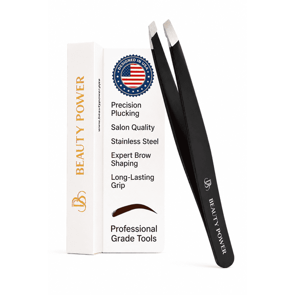 Beauty Power Precision Slant Tip Eyebrow Tweezers - Stainless Steel - with Storage Tube (Black)