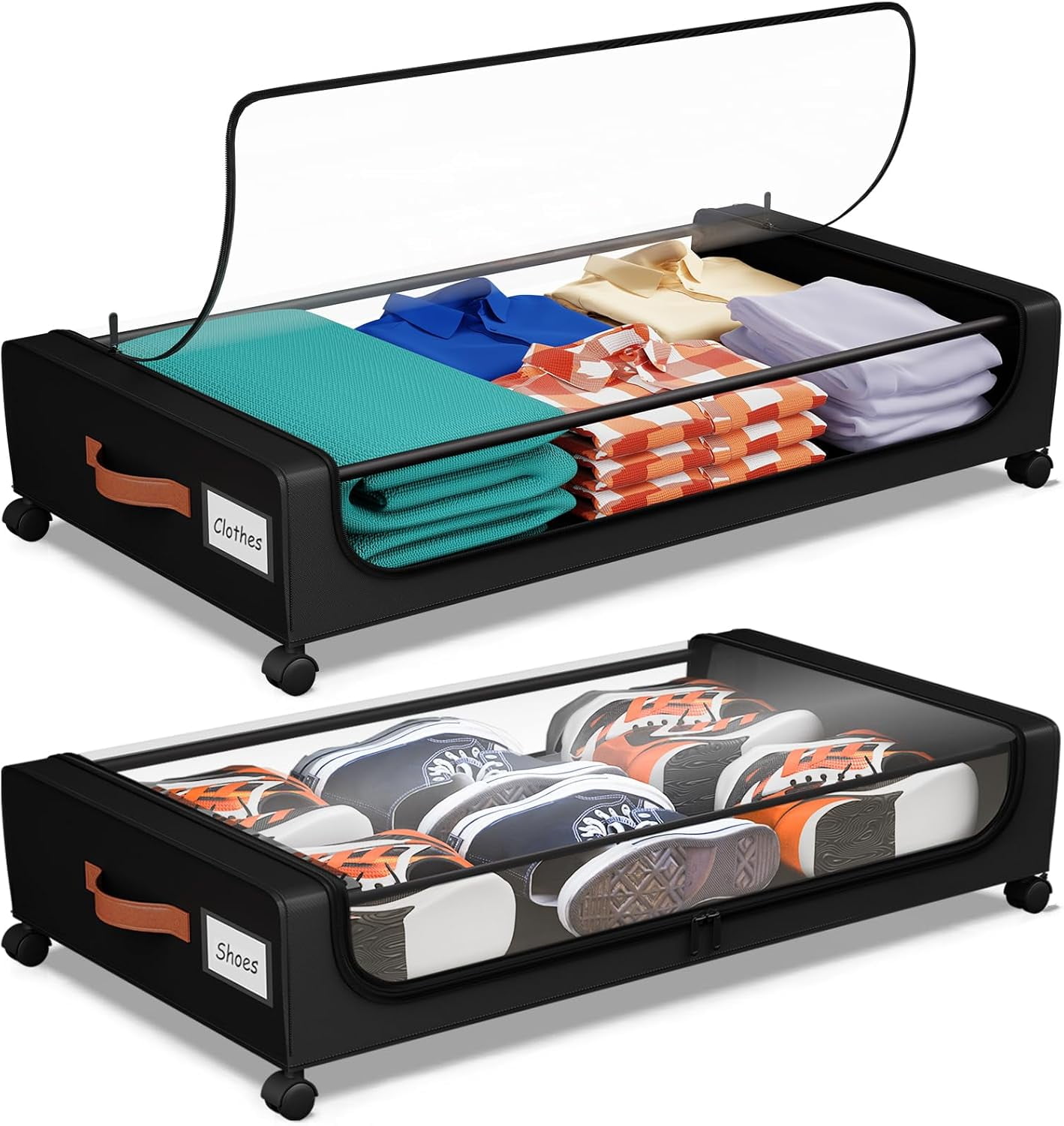 Under Bed Storage With Wheels, 2 Pack Under Bed Storage Containers With Dividers & Clear Lids Xxl 65l Bed Storage Organizer Bins Underbed Storage Wheels Clothes Gray 2 Pack