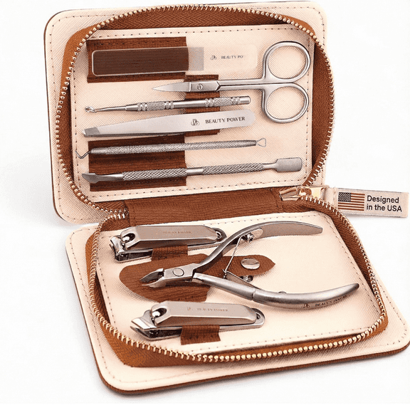 Beauty Power 9-in-1 Manicure & Pedicure Set - Stainless Steel Nail Clippers, Cuticle Tools, Tweezers & Scissors with Brown PU Leather Case