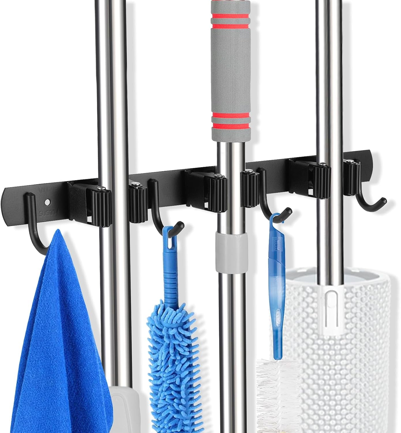 Wellsay 3 Racks and 4 Hooks Mop and Broom Holder Wall Mount, Self ...