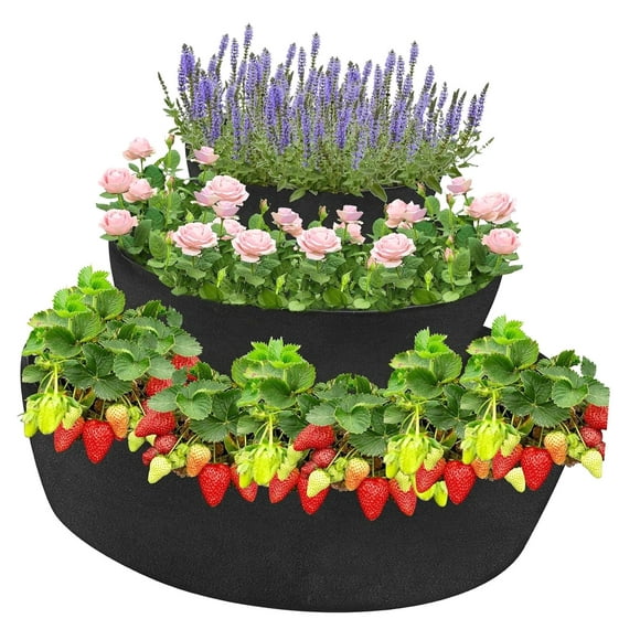 Wellsay 3 Tiered Strawberry Planter Non-Woven Fabric Raised Garden Bed Stackable Strawberry Planter Bag Felt Raised Container for Growing Vegetables Plant, 8 Inch Deep, Round