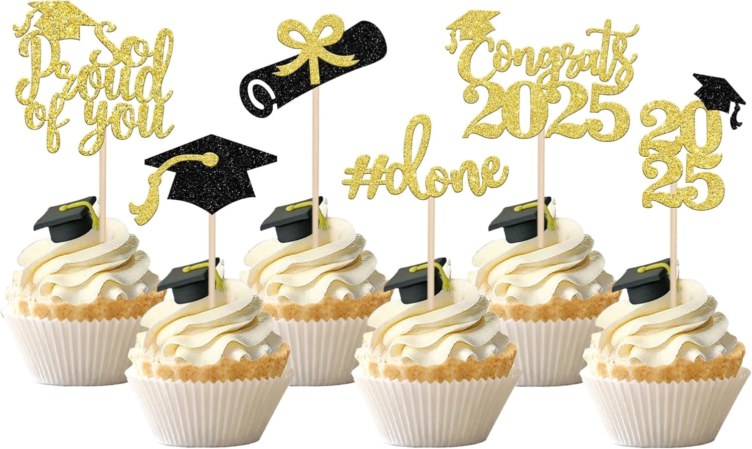 36 PCS Gold Graduation Cupcake Toppers - Glitter Diploma Cap Food Picks For 2025 Grad Party