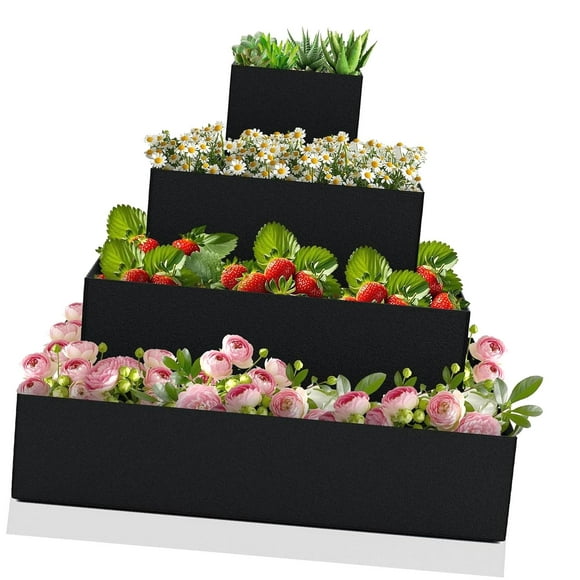 Wellsay 4 Tiers Strawberry Fabric Raised Garden Bed Stackable Strawberry Planters Bag Non Woven Felt Growing Containers Garden Bags for Outdoor Growing Vegetables Plant (Square)
