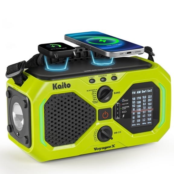 Kaito Voyager X Emergency Radio with NOAA Weather Alert AM/FM/Shortwave Solar & Hand Crank Power Wireless Charging SOS Alarm, LED Flashlight & Reading Lamp Survival & Preparedness Gear Green