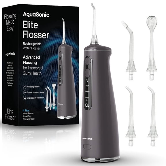 AquaSonic Elite Rechargeable Water Flosser - 300ml Tank, 4 Tips, Travel Bag, Waterproof (Charcoal)