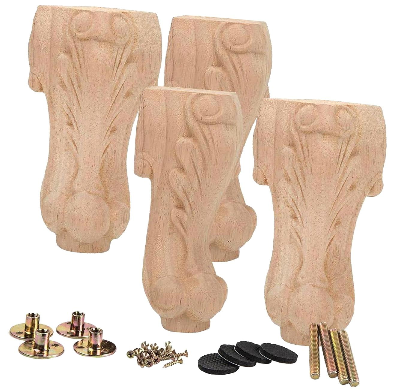Set Of 4 Unfinished Wood Bun Feet For Furniture - 8" Tall, Turned Carved Design, 3" Top Diameter, For Sofa, Chair, Cabinet DIY