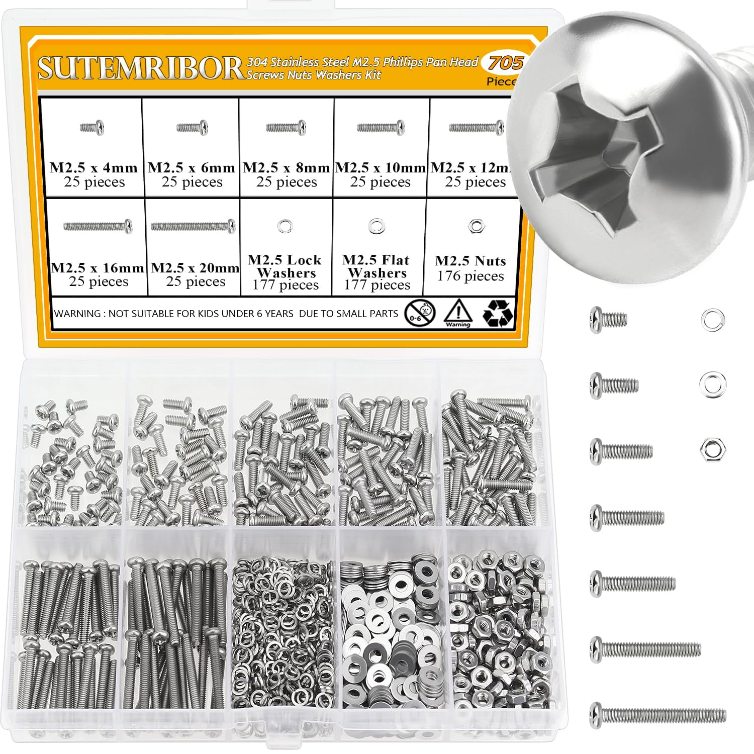 Kindroufly 562 PCS M2.5 Phillips Machine Screws Assortment Kit - 304 Stainless Steel Screws, Nuts & Washers