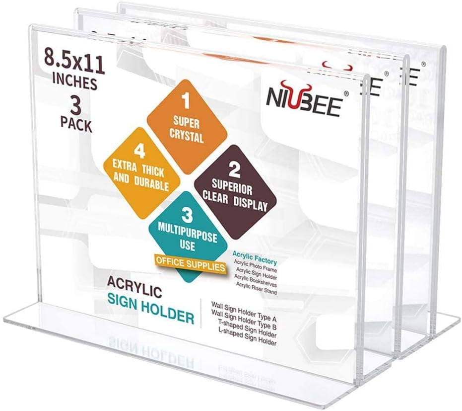 8.5x11 Acrylic Sign Holder 3-Pack - Double-Sided Vertical Display, Clear Stand For Menus, Flyers, Brochures