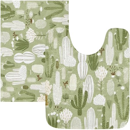 Wellsay Bathroom Rug Set 2 Pieces Cute Cactus Soft and Absorbent Bathroom Floor Mat Non Slip Commode Contour Rug Plush Bath Mat Set, Machine Washable and Easier to Dry