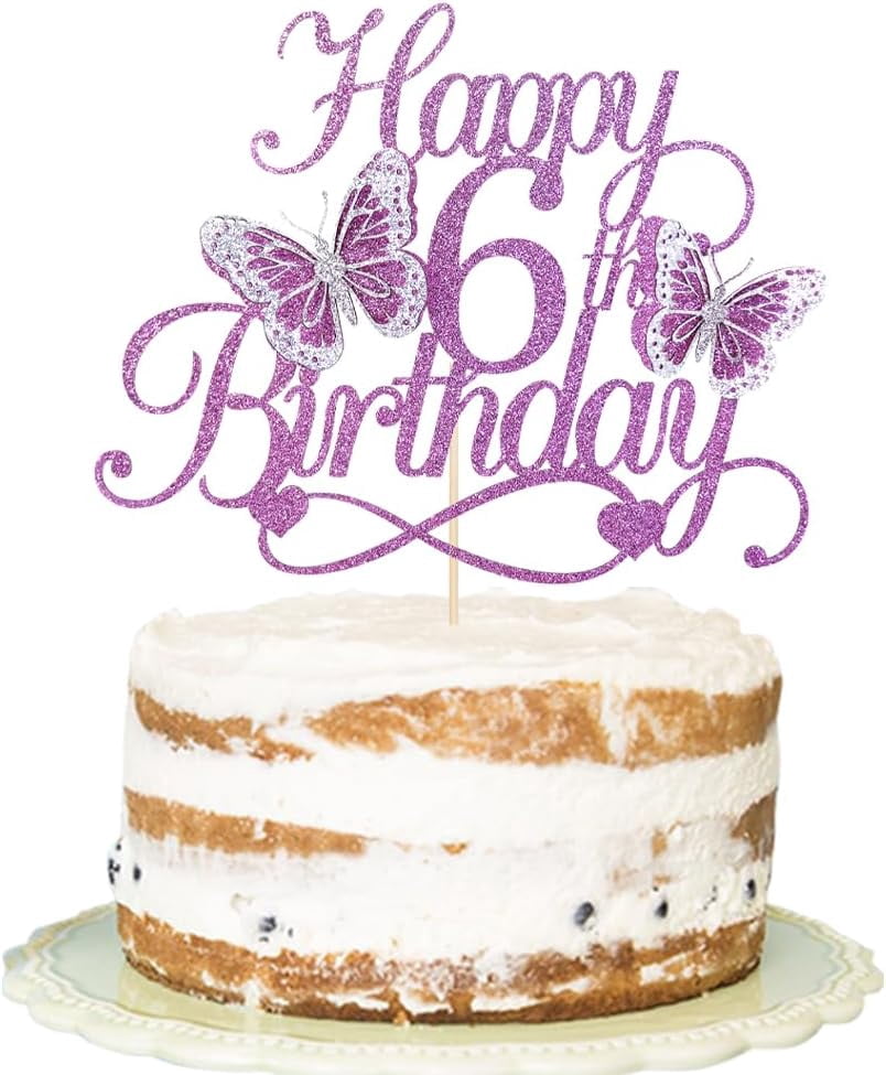 6th Birthday Cake Decorations Set - Rose Gold Glitter Topper, Number 6 Candle, Heart & Star Picks