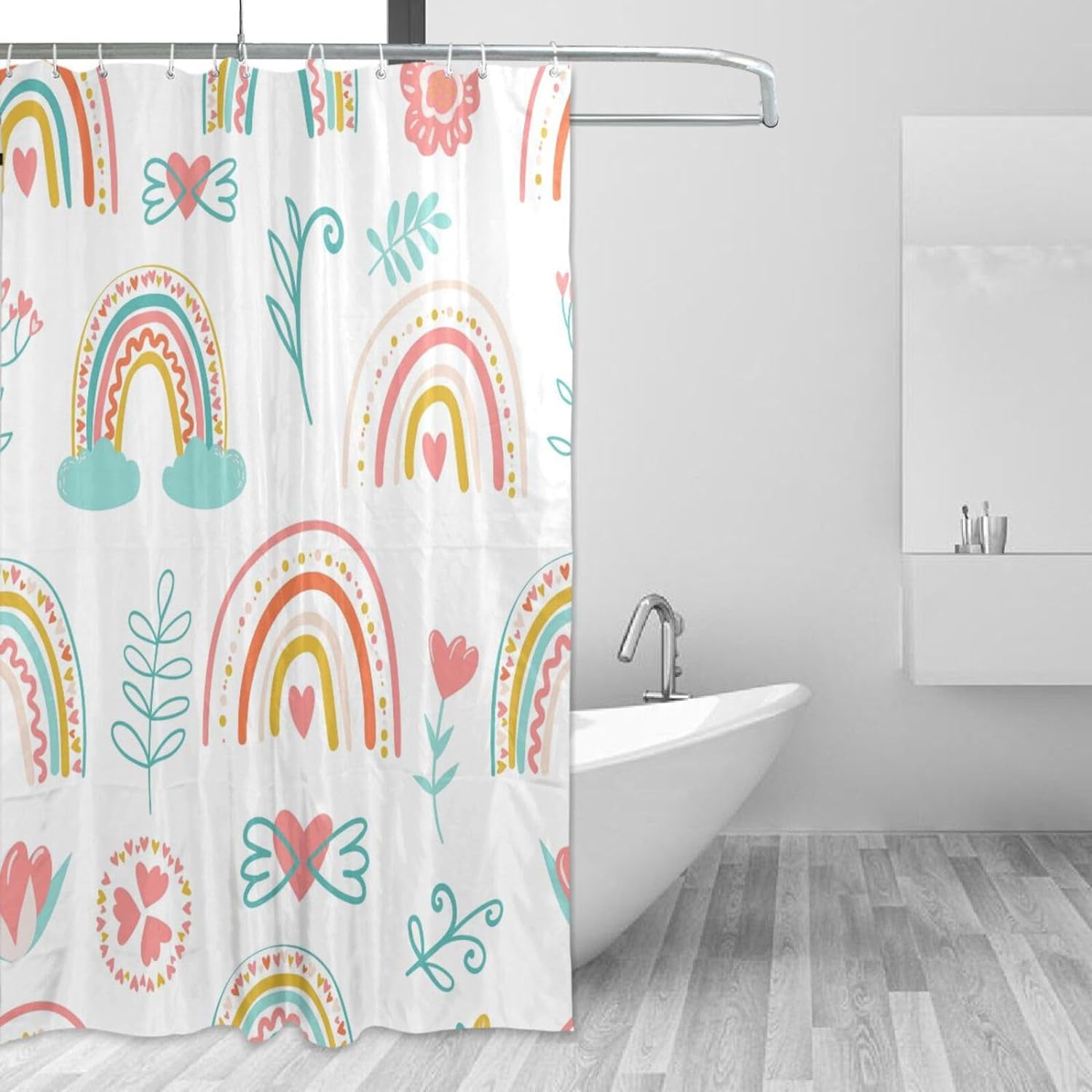 Wellsay Cartoon Rainbow Shower Curtain, Waterproof Fabric Shower