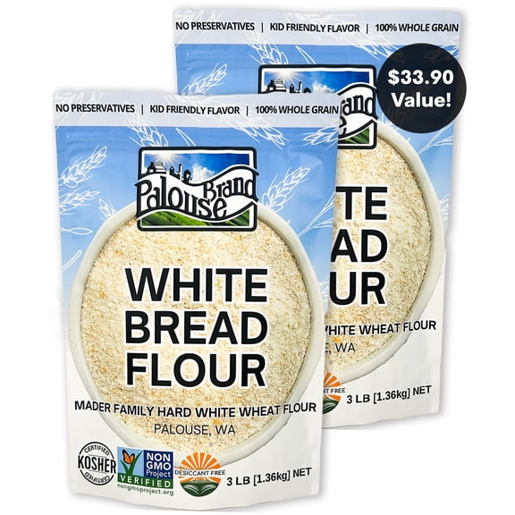 Palouse Brand Certified Glyphosate Residue Free White Bread Flour | 6 LBS (2-3 lb bags) | Whole Grain | Stone Ground | Non-GMO | Kosher | USA Grown | Field Traced | Resealable Bag