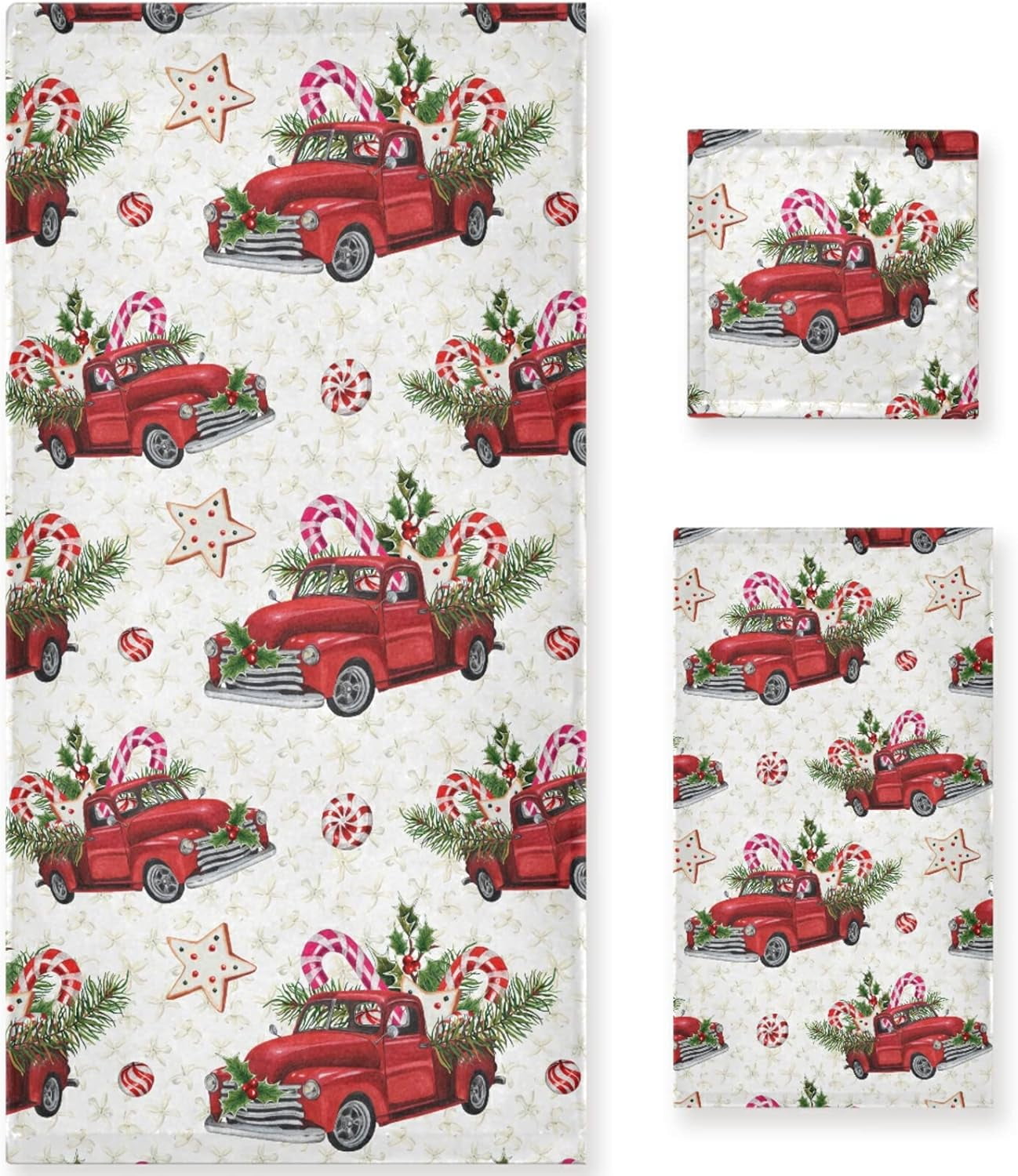 Wellsay Christmas Red Trucks Holly Floral Soft Set of 3 Towels, 1 Bath