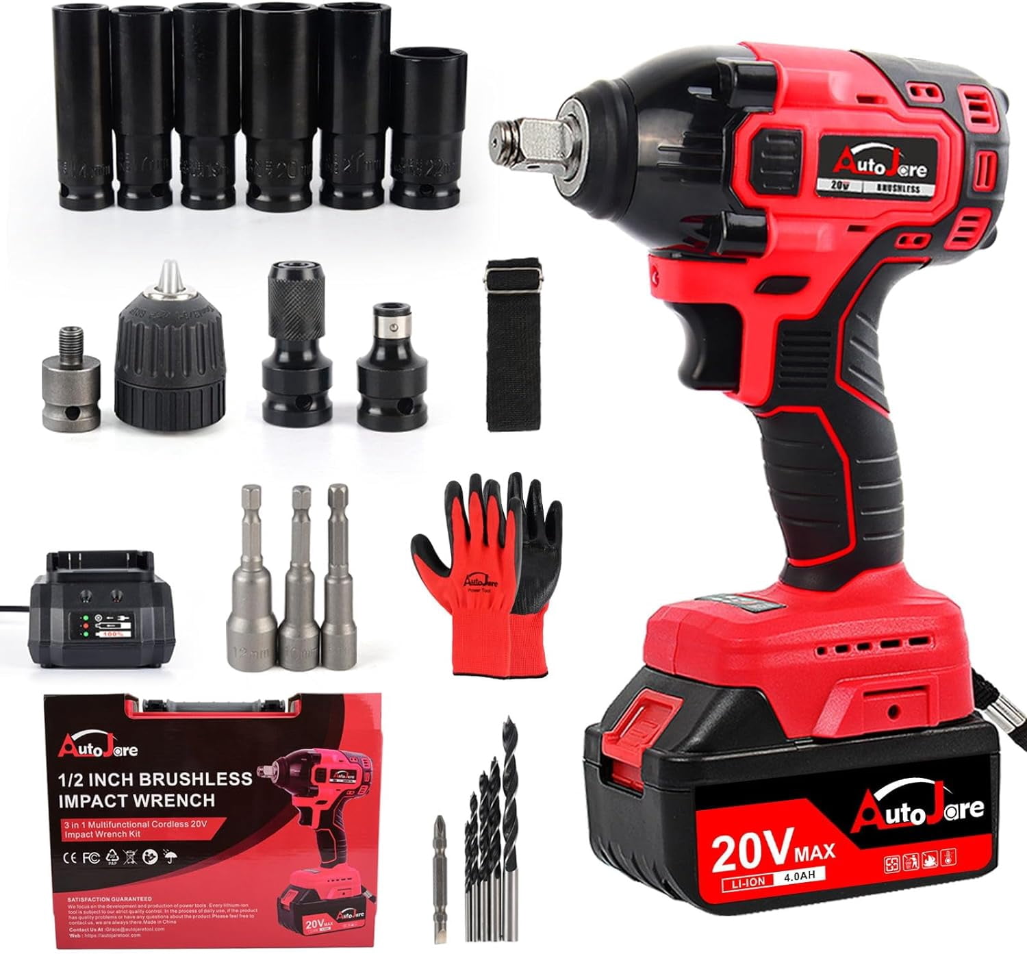 18V 1500Nm 4 In 1 Cordless Impact Wrench Kit, 1/2 Inch Brushless Power