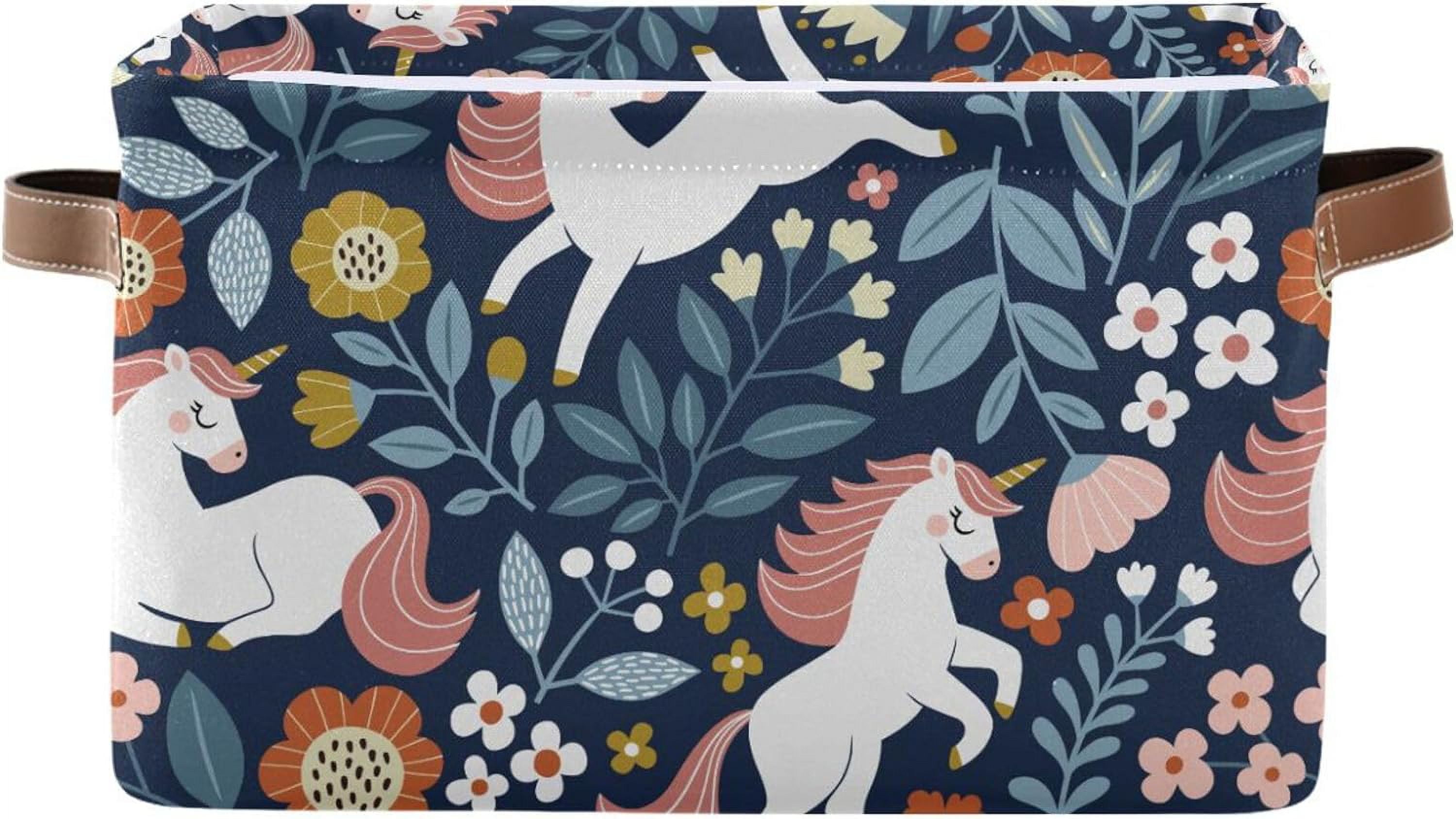 Wellsay Cute Unicorns Floral Storage Basket, Durable Canvas Organizer