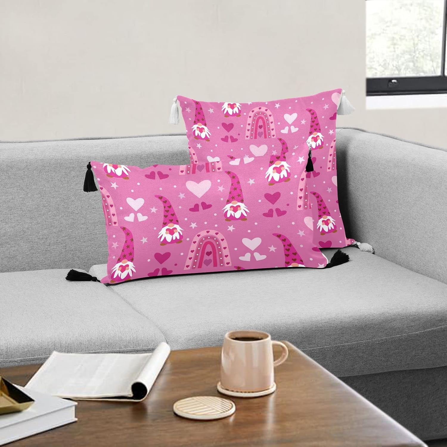 Wellsay Cute Valentines Gnome Pillow Covers 2pack 16 16inch Rainbow Heart Cute Linen Throw Pillow Covers with Tassels Double Sided Printing Cushion Case Decorative Pillowcase for Couch Soft Bed Walmar...