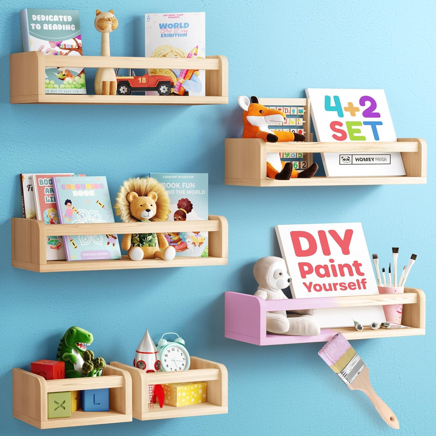 Wellsay DIY Floating Nursery Book Shelves for Wall Set of 4+2, Wall ...