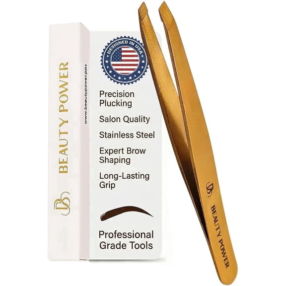 Beauty Power Precision Slant Tip Eyebrow Tweezers - Stainless Steel - with Storage Tube (Gold)