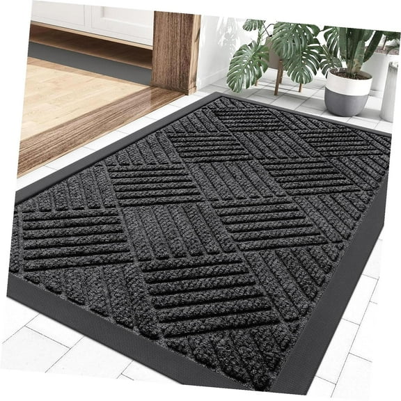 Wellsay Front Door Mat Outside Entrance, Outdoor Indoor Natural Rubber Doormat, Non , Dirt and Moisture, Easy Clean, Low Profile Porch Entryway Mat, 29.5x17, Black
