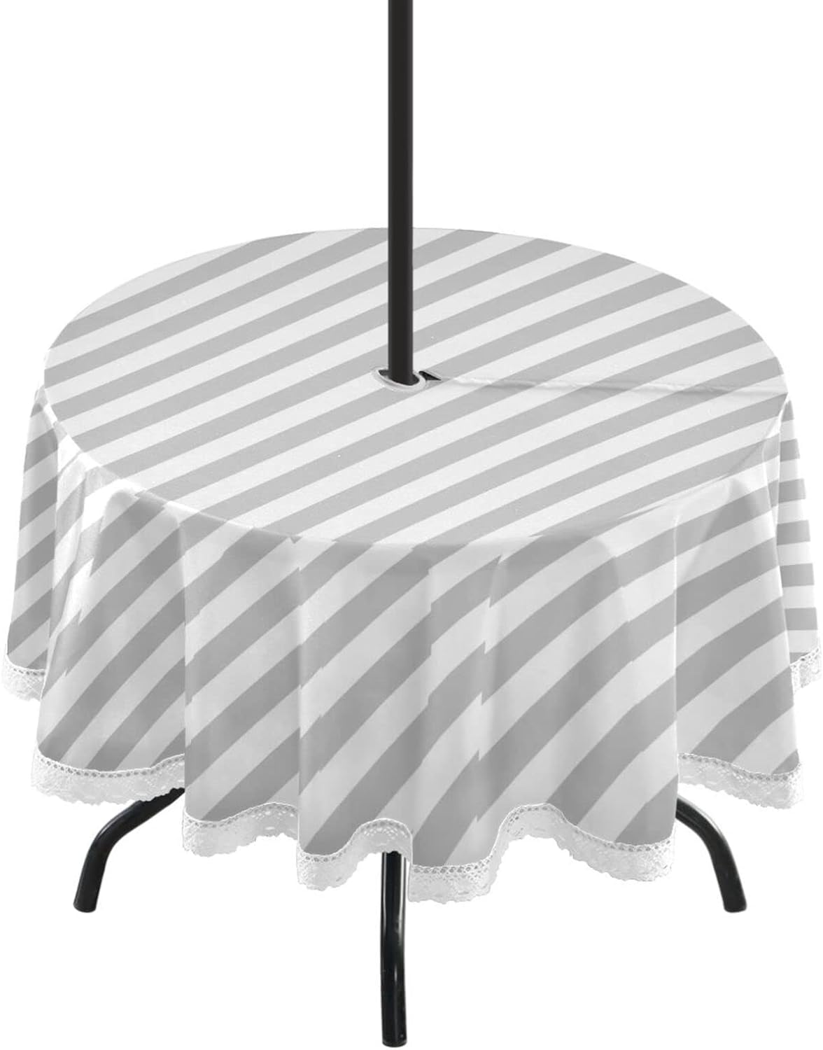 Wellsay Grey Stripe Round Tablecloth with Zipper Umbrella Hole