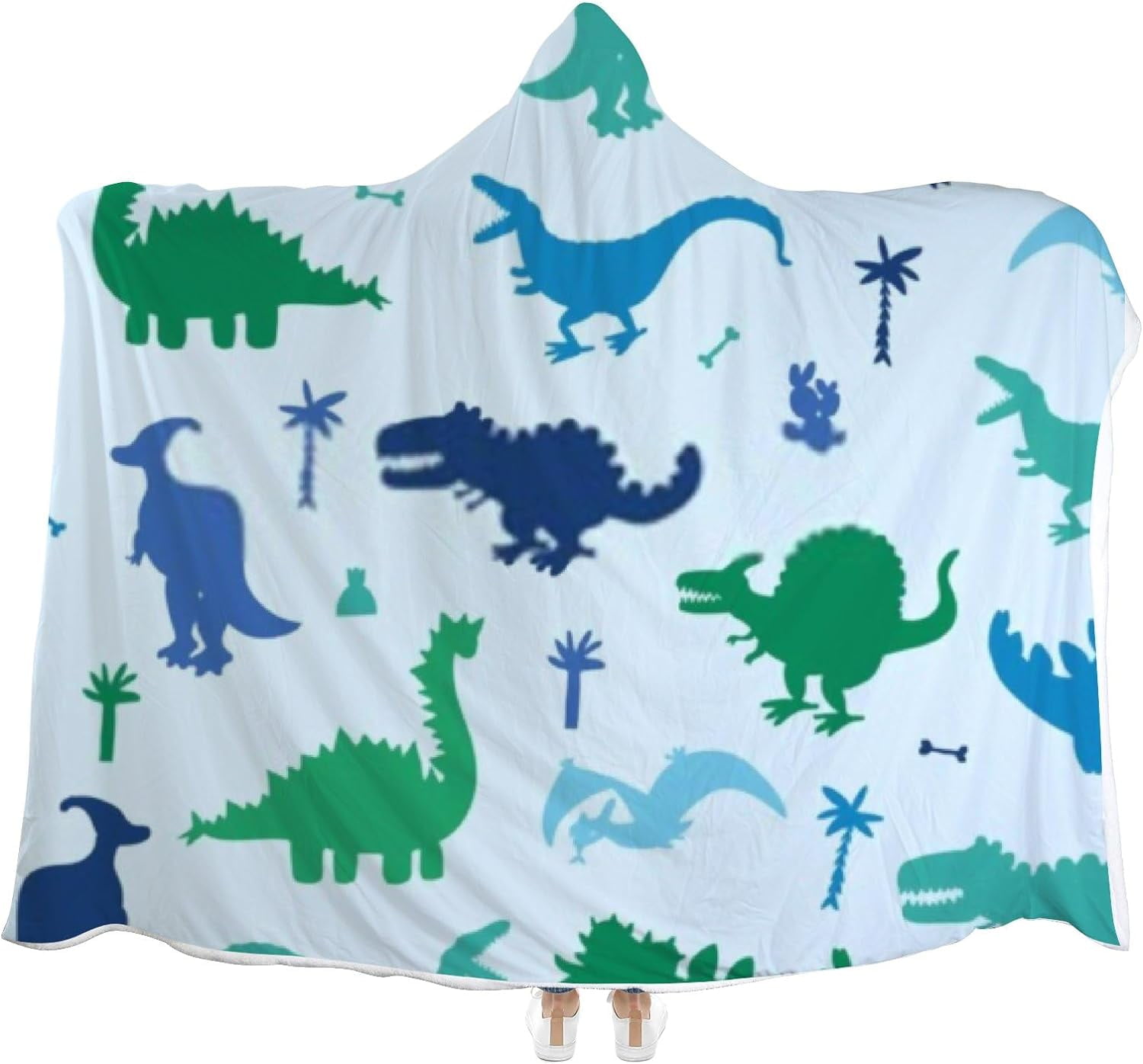 Wellsay Hooded Blanket Blue Green Cartoon Dinosaurs Wearable Soft