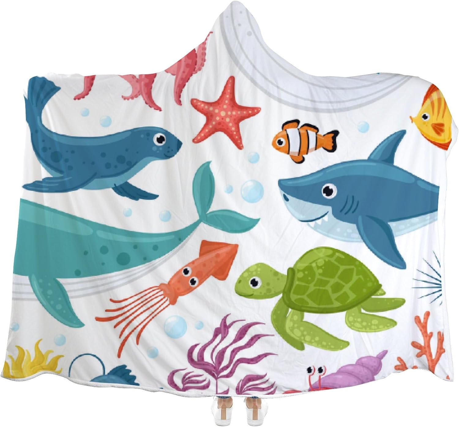 Wellsay Hooded Blanket Cartoon Sea Animals Ocean Octopus Shark Turtle
