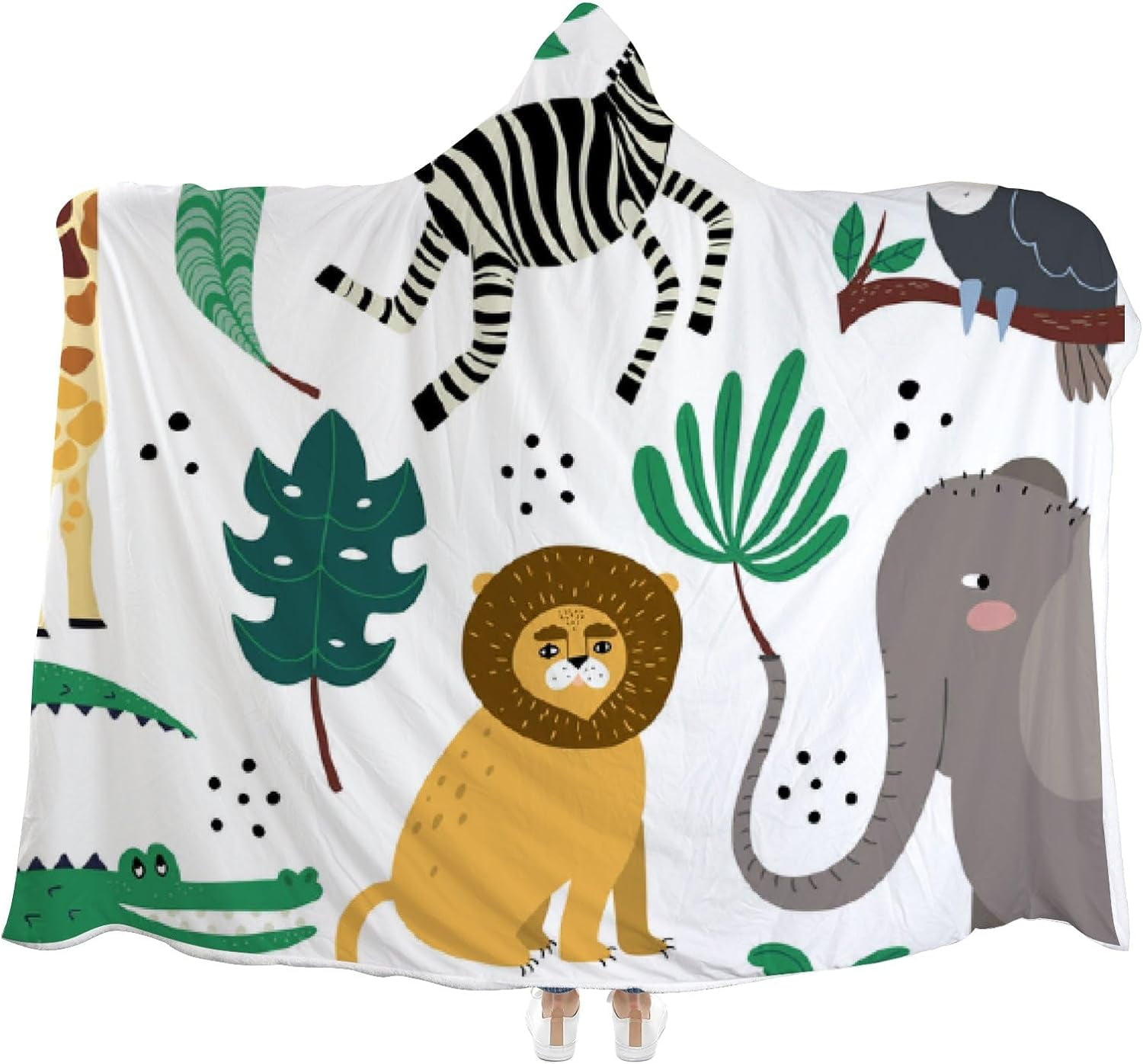 Wellsay Hooded Blanket Cute African Animals Palm Leaves Wearable Soft