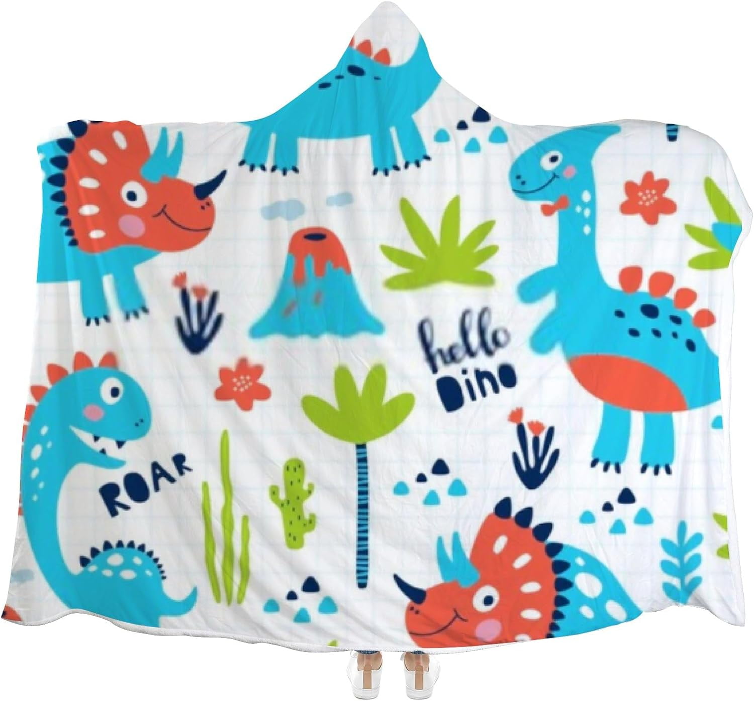 Wellsay Hooded Blanket Cute Dinosaurs Hand Draw Wearable Soft Fleece