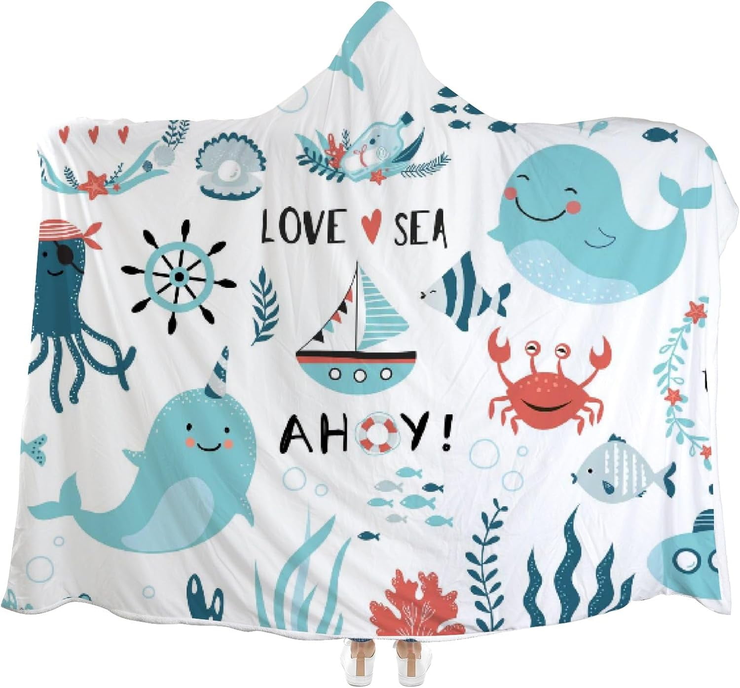 Wellsay Hooded Blanket Cute Whale Ship Anchor Wearable Soft Fleece