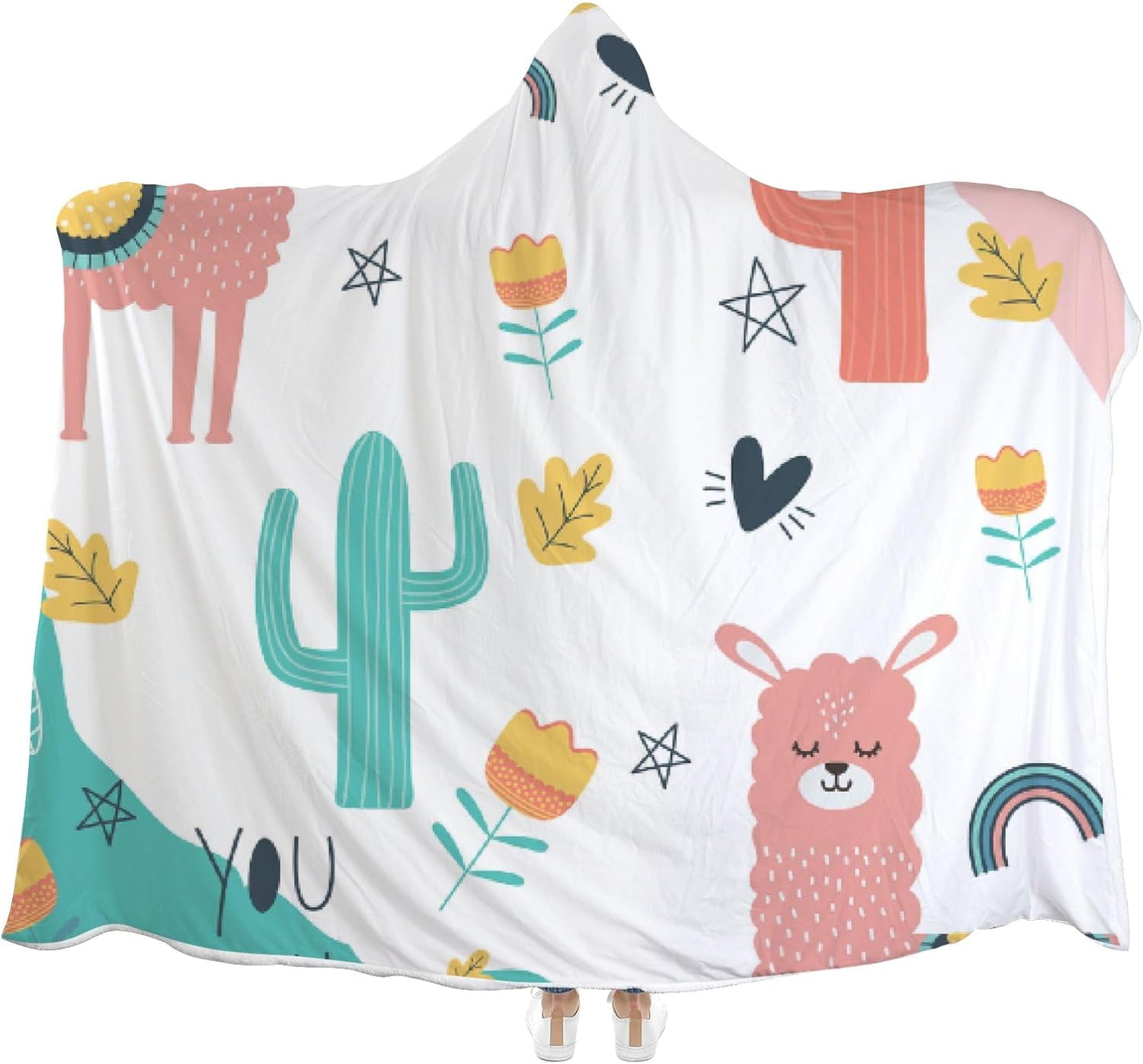 Wellsay Hooded Blanket Llama Cartoon Cactus Wearable Soft Fleece