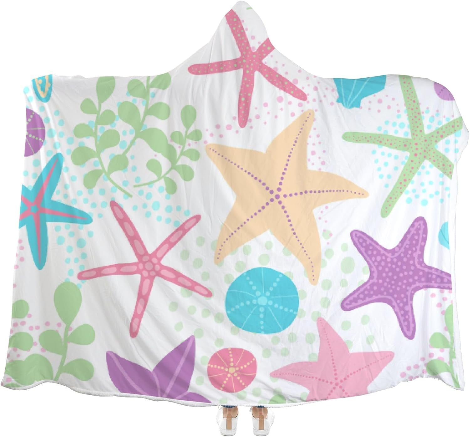 Wellsay Hooded Blanket Sea Stars and Shells in Pastel Colors Wearable