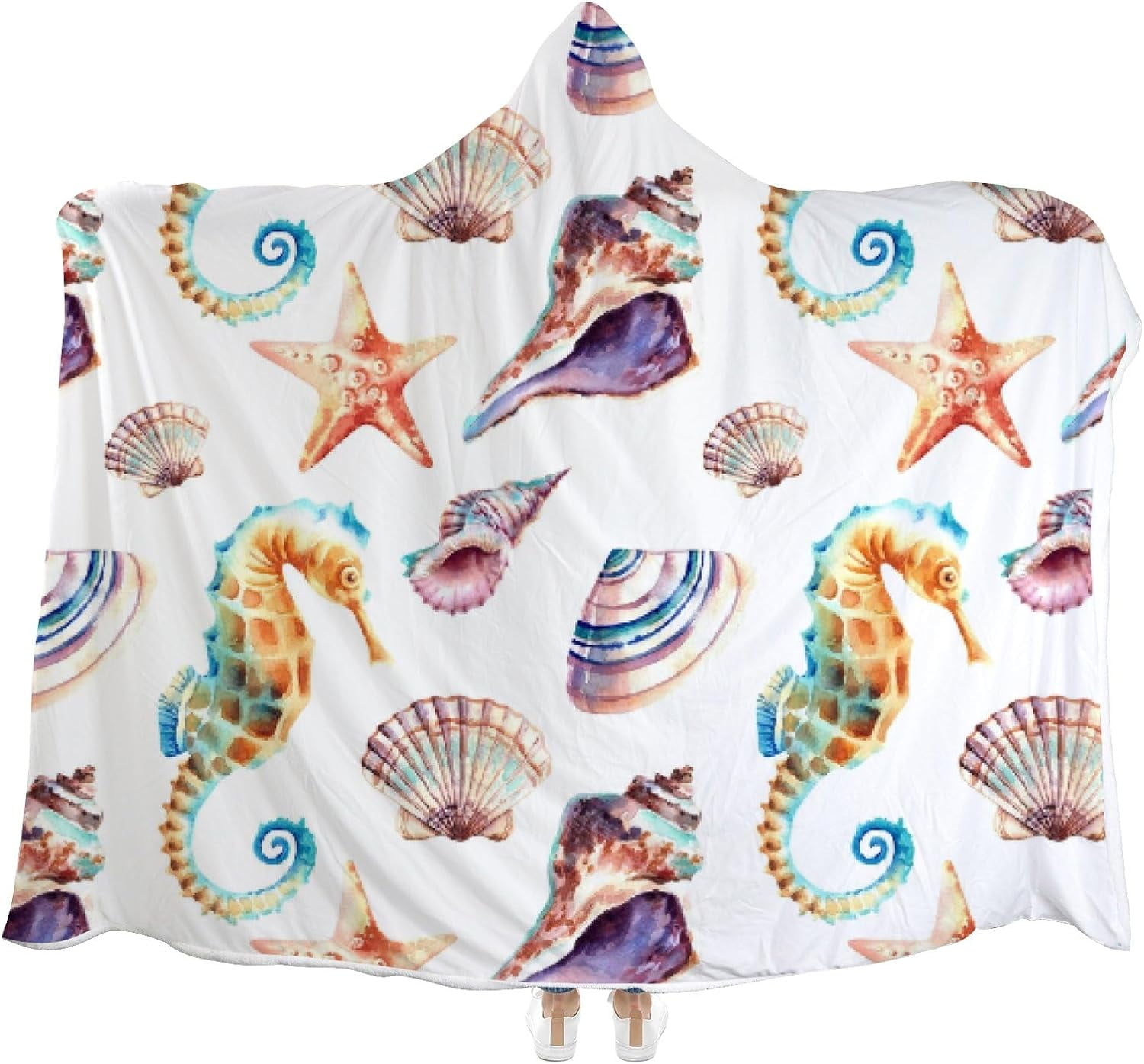 Wellsay Hooded Blanket Seashells Seahorse Starfish Watercolor