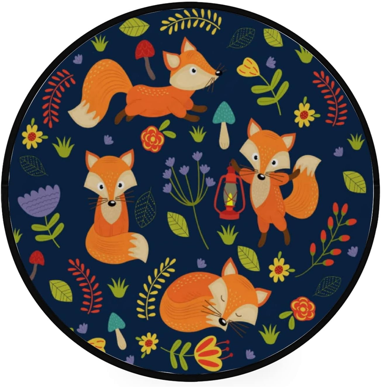 Wellsay Kids Round Nursery Area Rug Cute Foxes Wild Floral 4 Ft Non ...